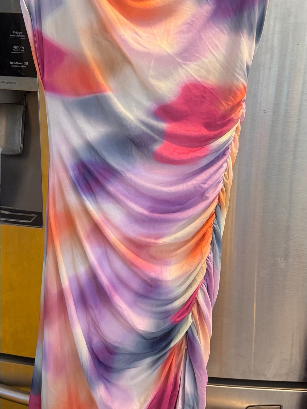 Anthropologie Multicolor Ruched Tie-Dye Maxi Dress — Pink, Purple, Orange, Blue